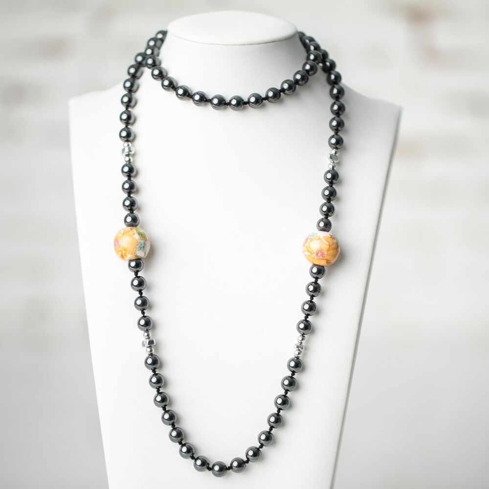 Long Hematite Beaded Necklace Floral Porcelain Beads Black Silver Tone Crazing